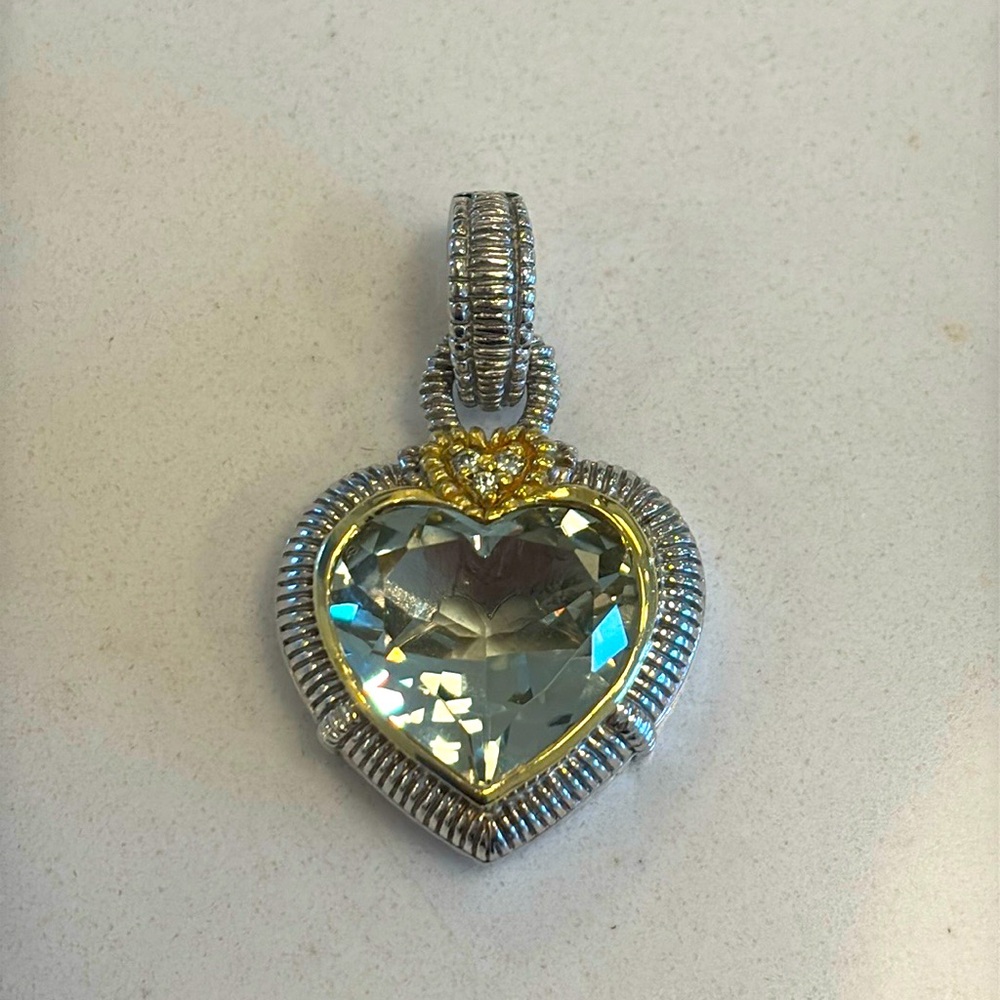 Judith Ripka green prasiolite heart charm. Sterling, 18k gold, prasiolite.